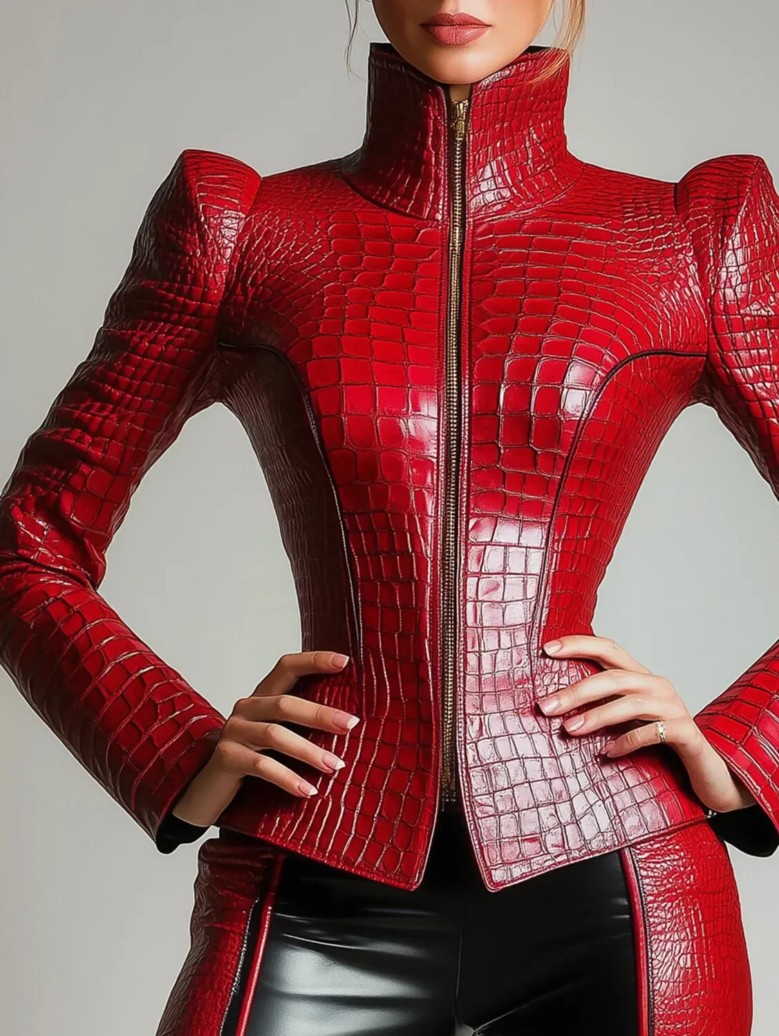 Women's Red Faux Leather Alligator-Pattern Gothic Vintage Jacket