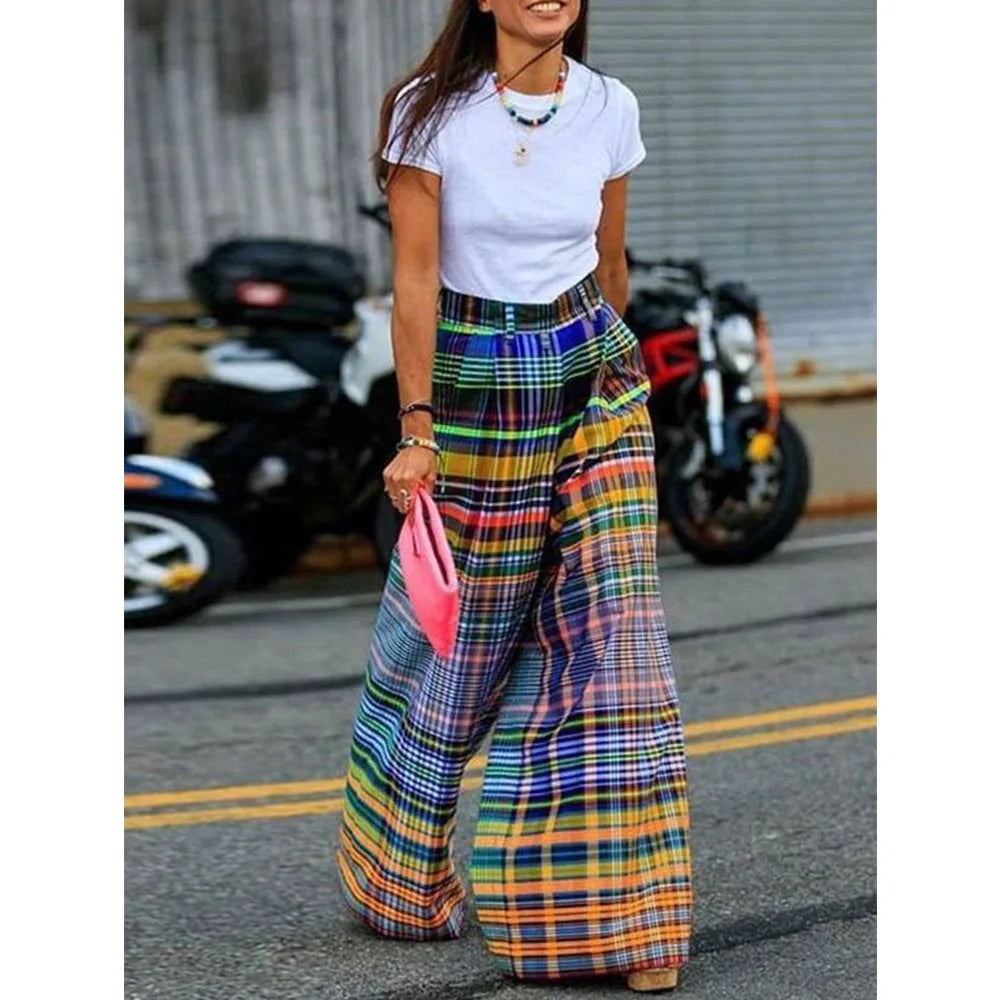 Vireous Loose Wide-Leg Checkerboard Printed Casual Bottoms, Pants