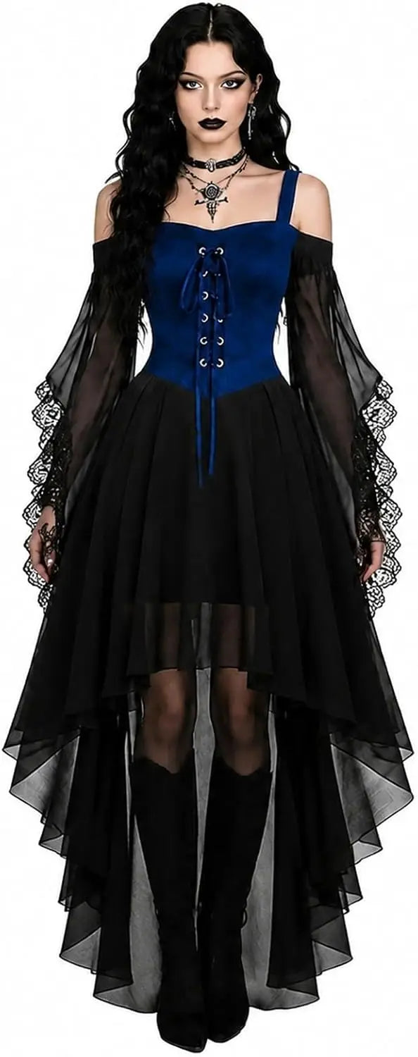 Dark Cross Witch Dress, Halloween Goth Mesh Sleeves Costume Dress, Plus Sizes