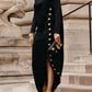 Vireous Women's Buttoned Split-Side High Neck Evening Black Dress