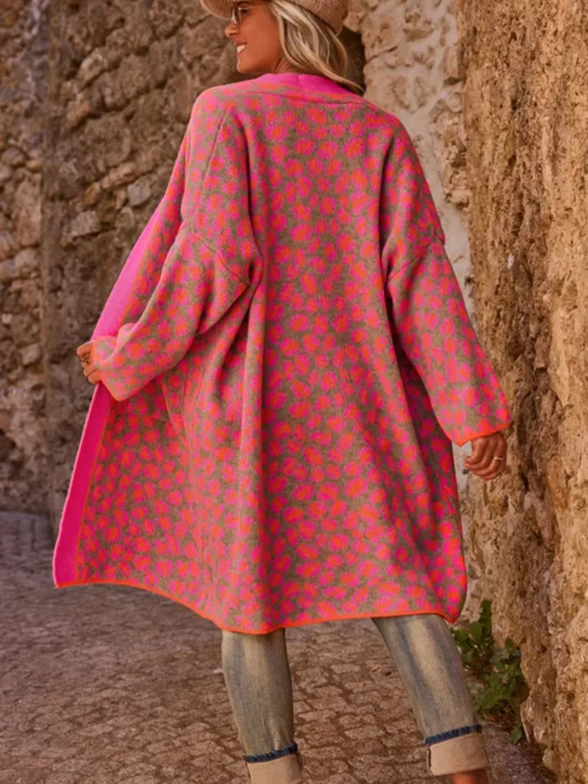 Women's Long Cardigan Coat, Festival Wear Wrap Coat with Pockets in Pink