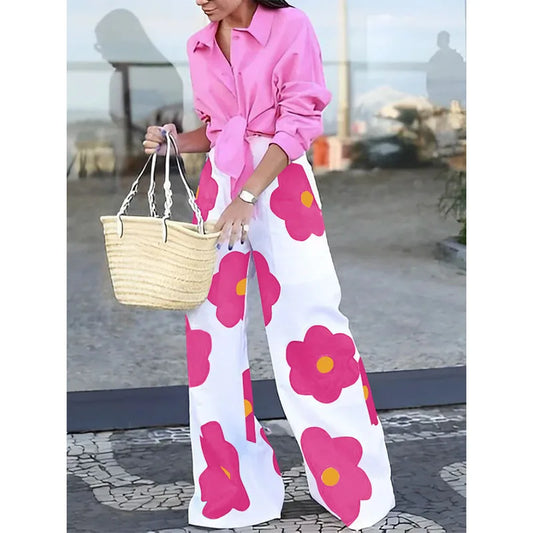 Vireous Loose Wide-Leg Contrast Colour Floral-Printed Casual Pants