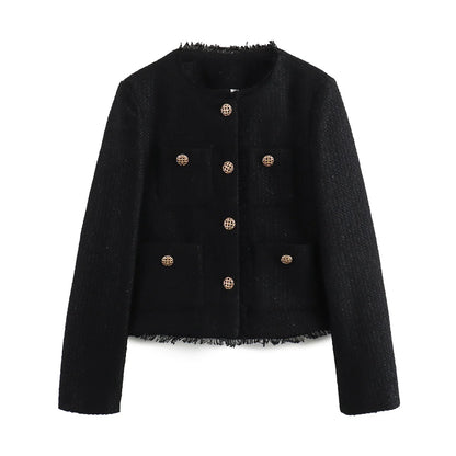 Vireous Round-Neck Simple Tweed Jacket, Multi Colours