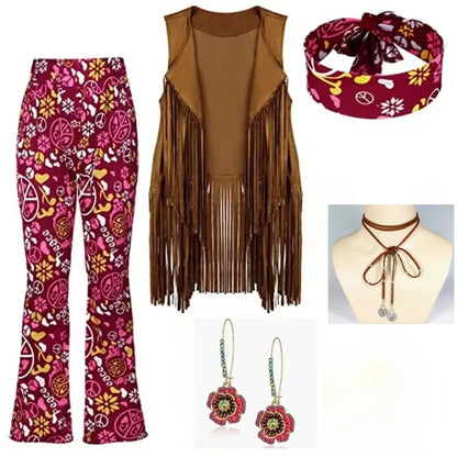 Complete Outfit, Hippie Disco 60s 70s Cosplay Costume in Floral Pink or Brown