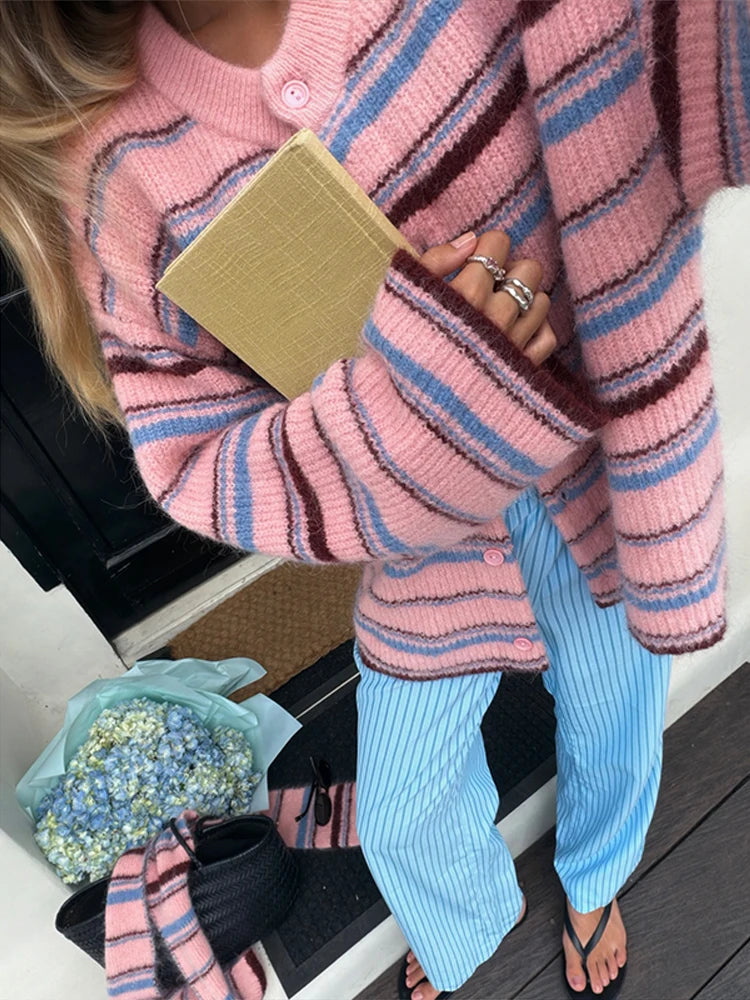 Women's Striped Knitted Coat, Soft Outerwear in Pink or Green