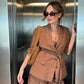 Cotton Linen Women's Belted Businesswear, Coffee Jacket and Shorts Two-Piece