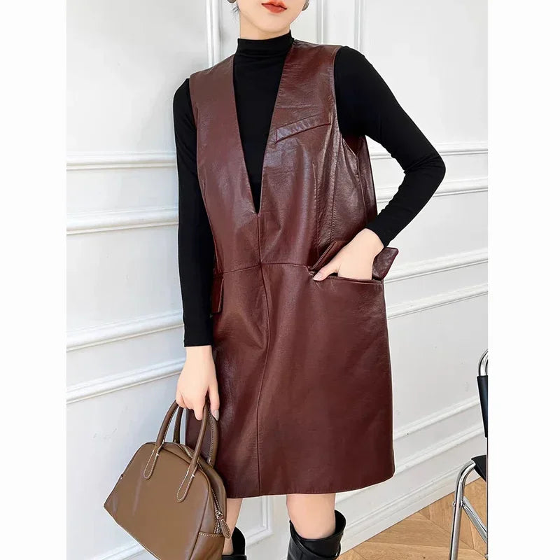 Women's Classic Genuine Leather Smock Dress, Outerwear in Wine Red