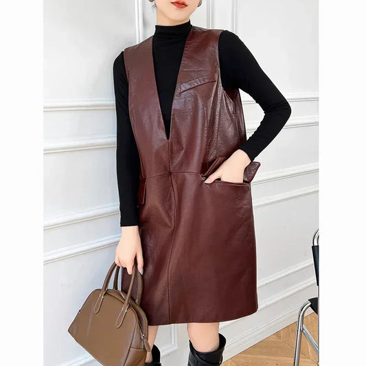 Women's Classic Genuine Leather Smock Dress, Outerwear in Wine Red