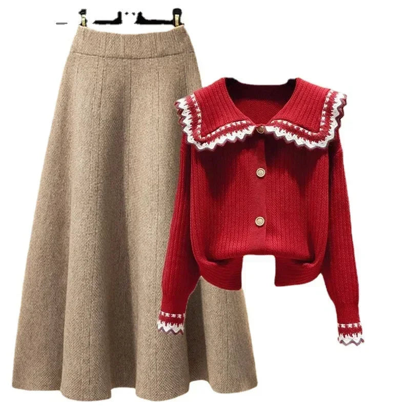 Women's Woollen Sweater and Skirt Two Piece, Office Wear