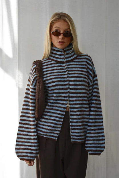 Women's Striped Knitted Coat, Soft Outerwear in Pink or Green