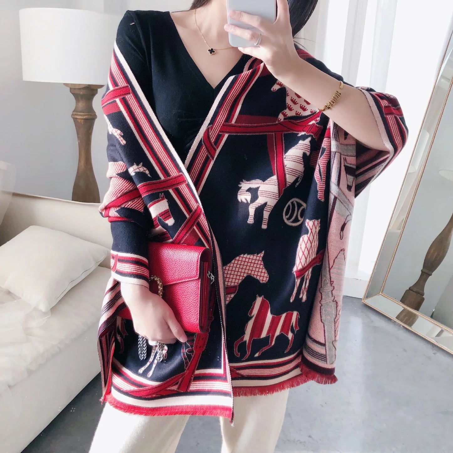Extra-Large Cashmere Scarf, Equestrian-Print Blanket Wrap, Pashmina
