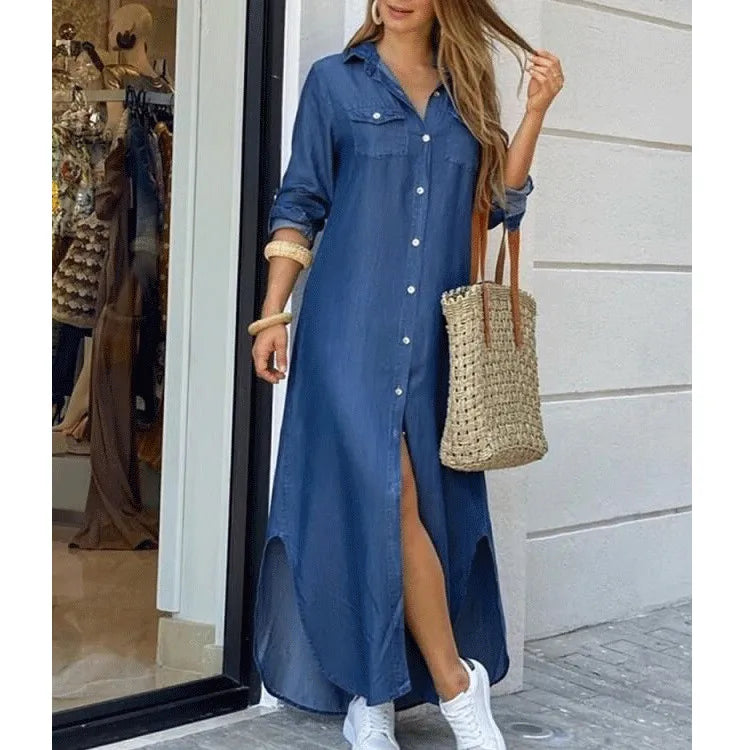 Women's Shirt-Style Button Denim Long Casual Dress, Plus Sizes