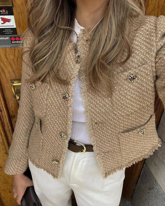 Vireous Round-Neck Simple Tweed Jacket, Multi Colours