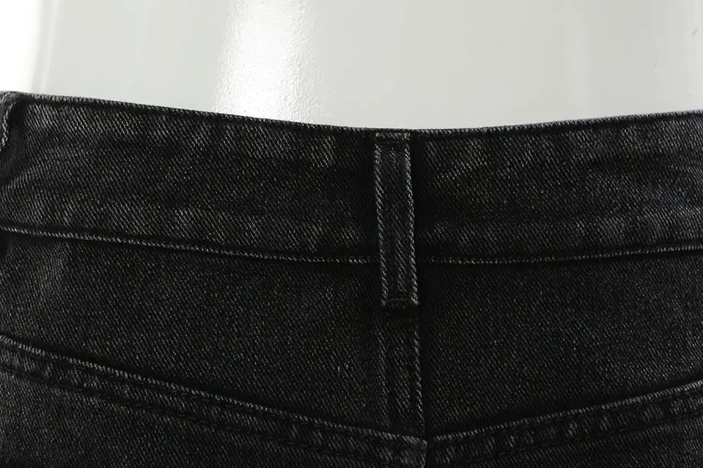 Vireous Feather Trim Black Denim Skirt