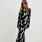 Vireous Black & White Organic Print Long Sleeve Women's Long Dress