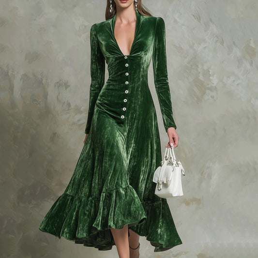 Buttoned Vintage Lapel Long-Sleeve Semi-Formal Velvet Dress