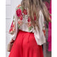 Vireous Rose Printed Shirt Red High-Waist Trousers Suit