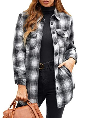 Women's Oversized Check Button Shirt Jacket