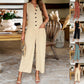 Fashion Sleeveless Linen Jumpsuit with Button Design, Wide Leg Pants