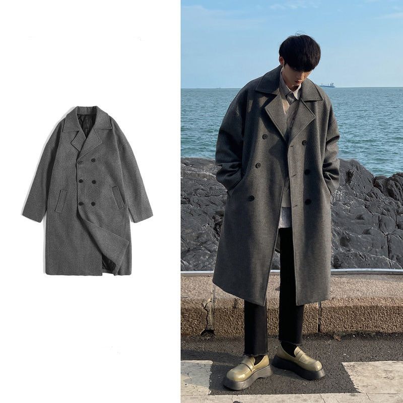 Retro Winter Woollen Men's Over-the-Knee Thickened Coat