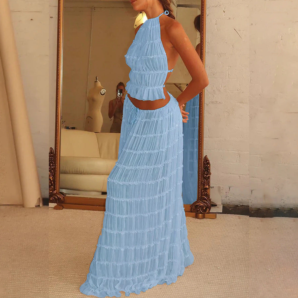 Vireous Two-Piece Ruffled Women's Summer Halter Dress