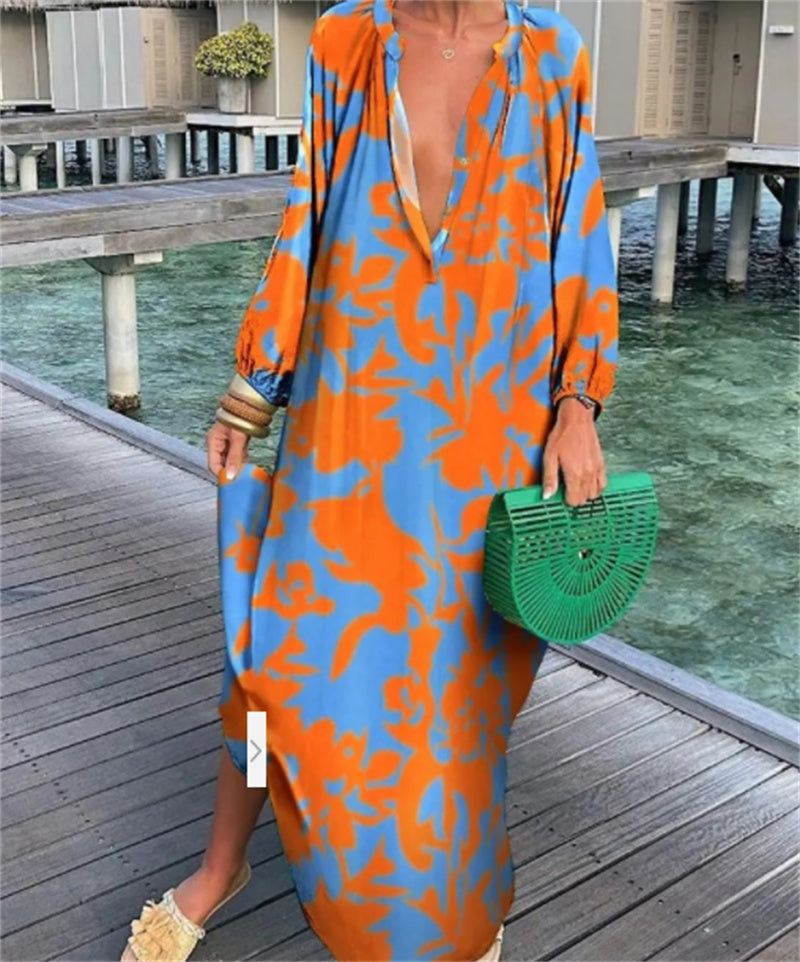 Bold Print Pullover Long Sleeve V-Neck Long Loose Dress, Spring and Summer Collection