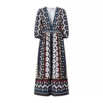 Women's Fashion Boho Black & White Print Elegant Dress