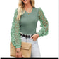 Women's Mesh Small Flower Chiffon Shirt Summer Round Neck Long Sleeve Top