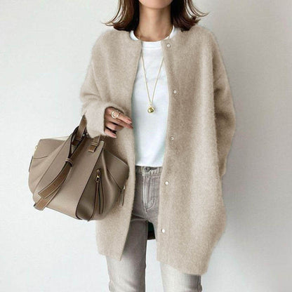 Loose-Fit Round Neck Single Breasted Women's Cardigan Coat