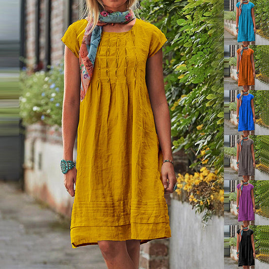 Vireous U-Neck Short Sleeve Minimalist Dress, Multi Colours
