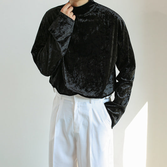 Men's Half Turtleneck Black Velvet Sweater