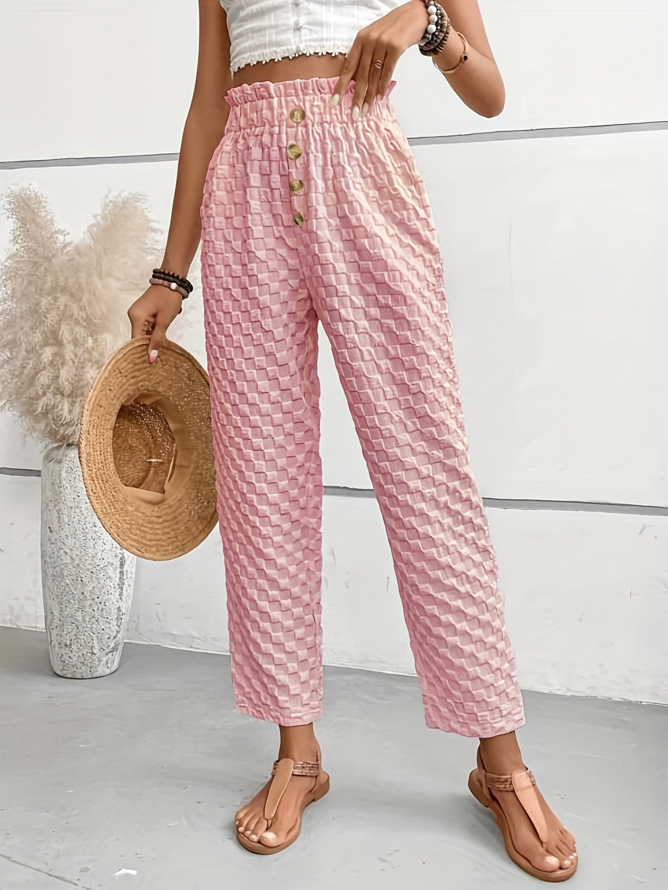 Women's Slim-Fit Buttoned Straight Loose Checker Weave Trousers