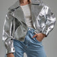 Vireous Women's Glam Shimmering Silver Retro Leather Jacket