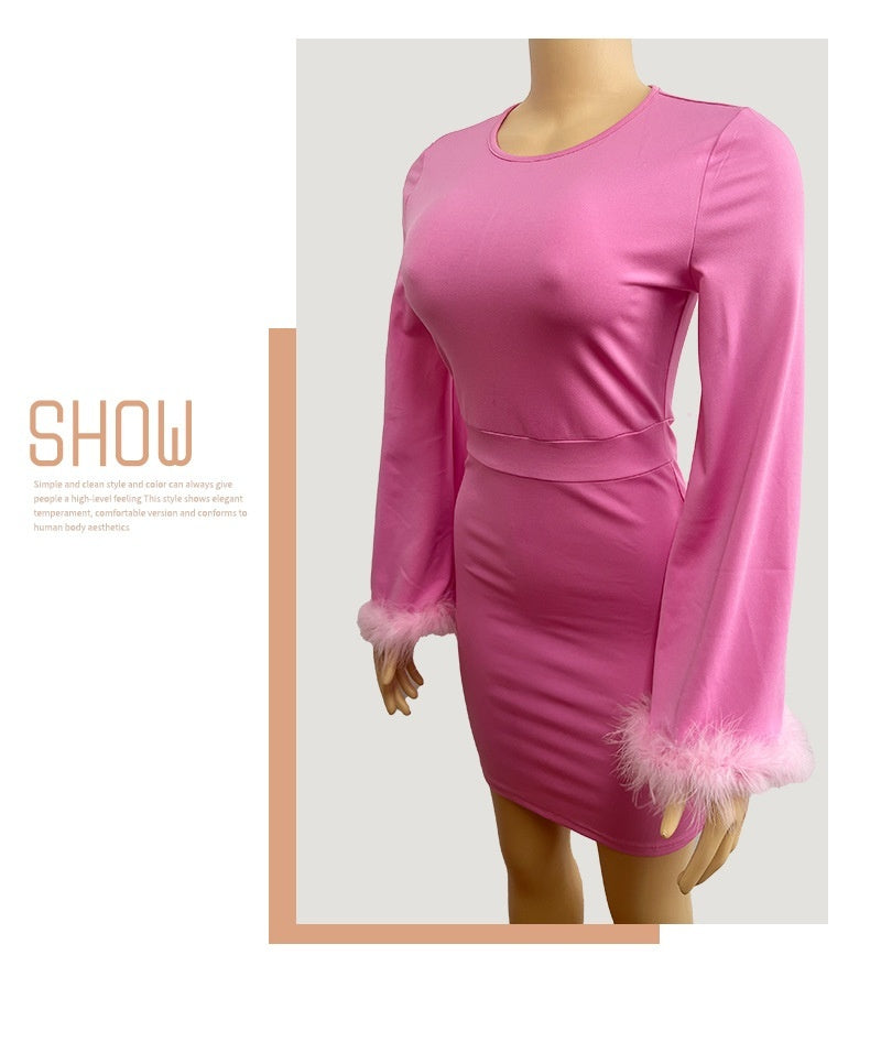 Square Collar Ostrich Feather, Long Sleeve Socialite Dress