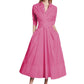 Vireous Classic Voluminous Button-Front Pink Dress, Midi Skirt