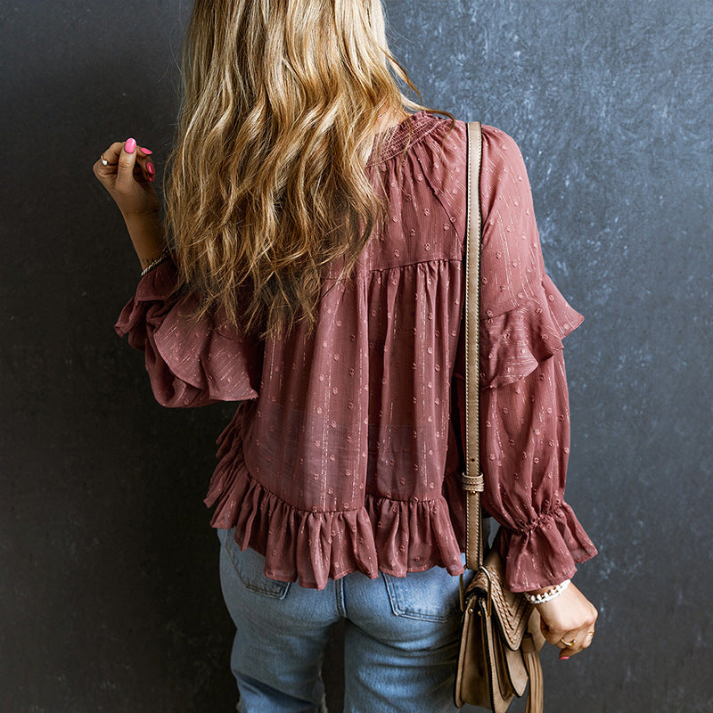 Vireous V-Neck Lace-Up Ruffled Stitching, Hipster Chiffon Top