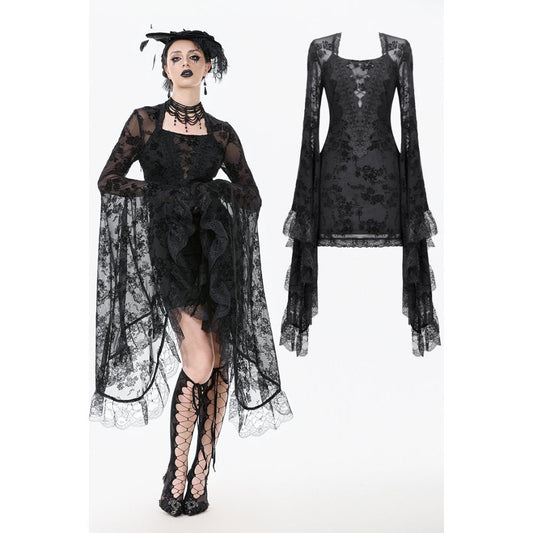 Dark In Love Minerva Bell-Sleeve Lace Dress in Black