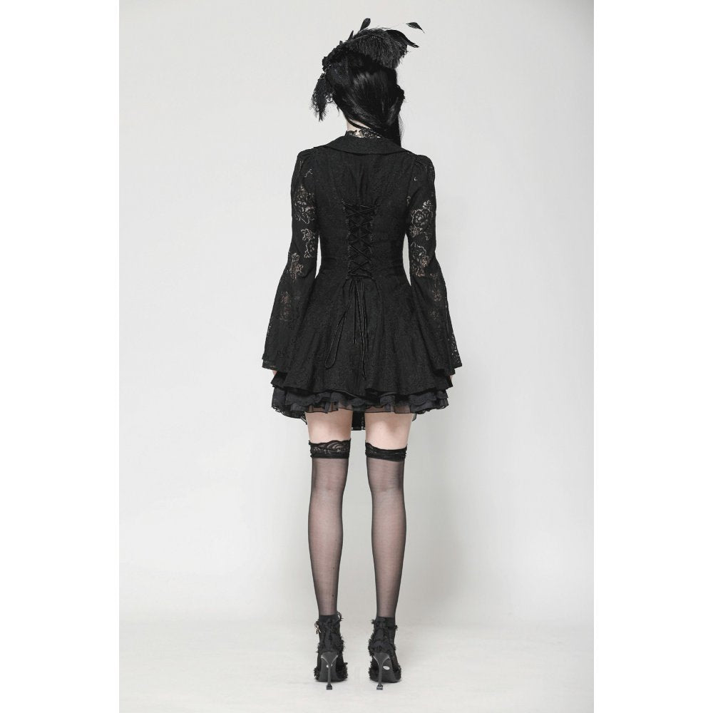 Dark in Love Luca Black Hollow Lace Gemstone-Button Adjustable Waist Dress