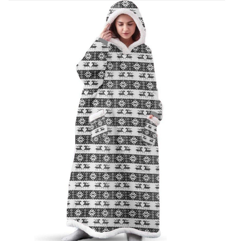 Christmas Hoodie Warm Long Reindeer-Design Blanket