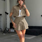 Retro Lapel Short-Sleeve Top and Double Layer Skirt Two-Piece Set