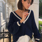 Women's Casual Splicing Colour Contrast Cricket-Style Sweater