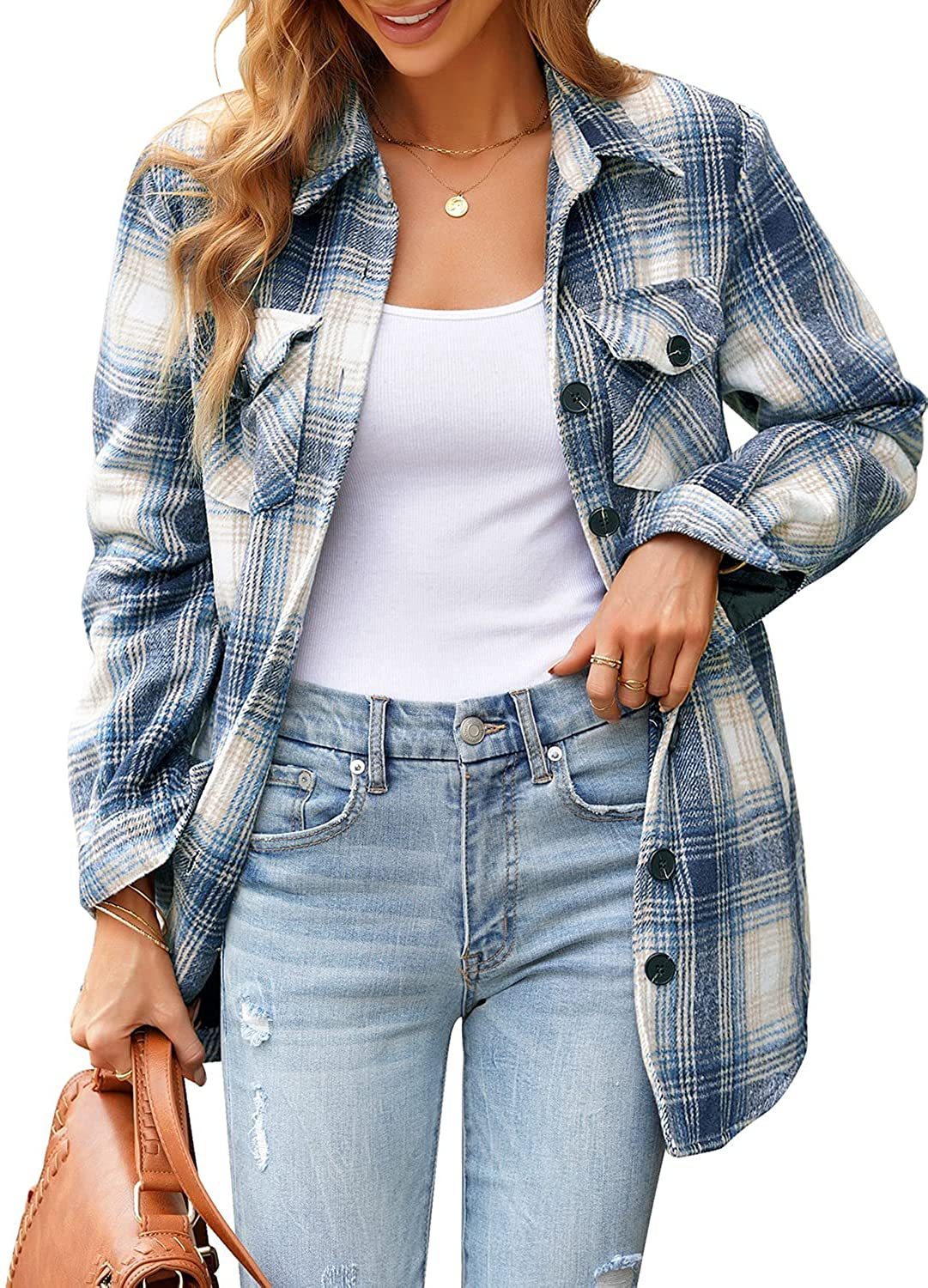 Women's Oversized Check Button Shirt Jacket