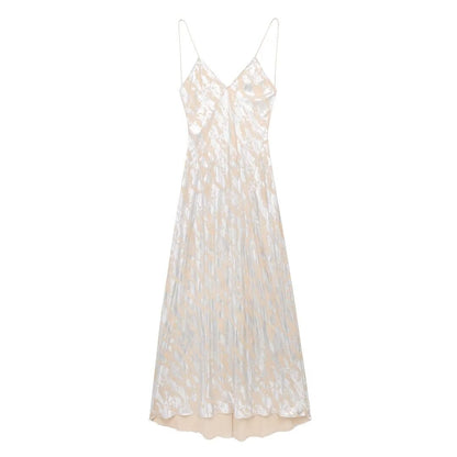 Vireous Shimmering Foil-Printed Sheer Embellished Evening Dress