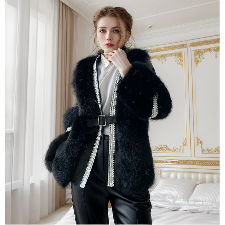 Vireous Rich Faux Fox Fur Women's Belted Jacket