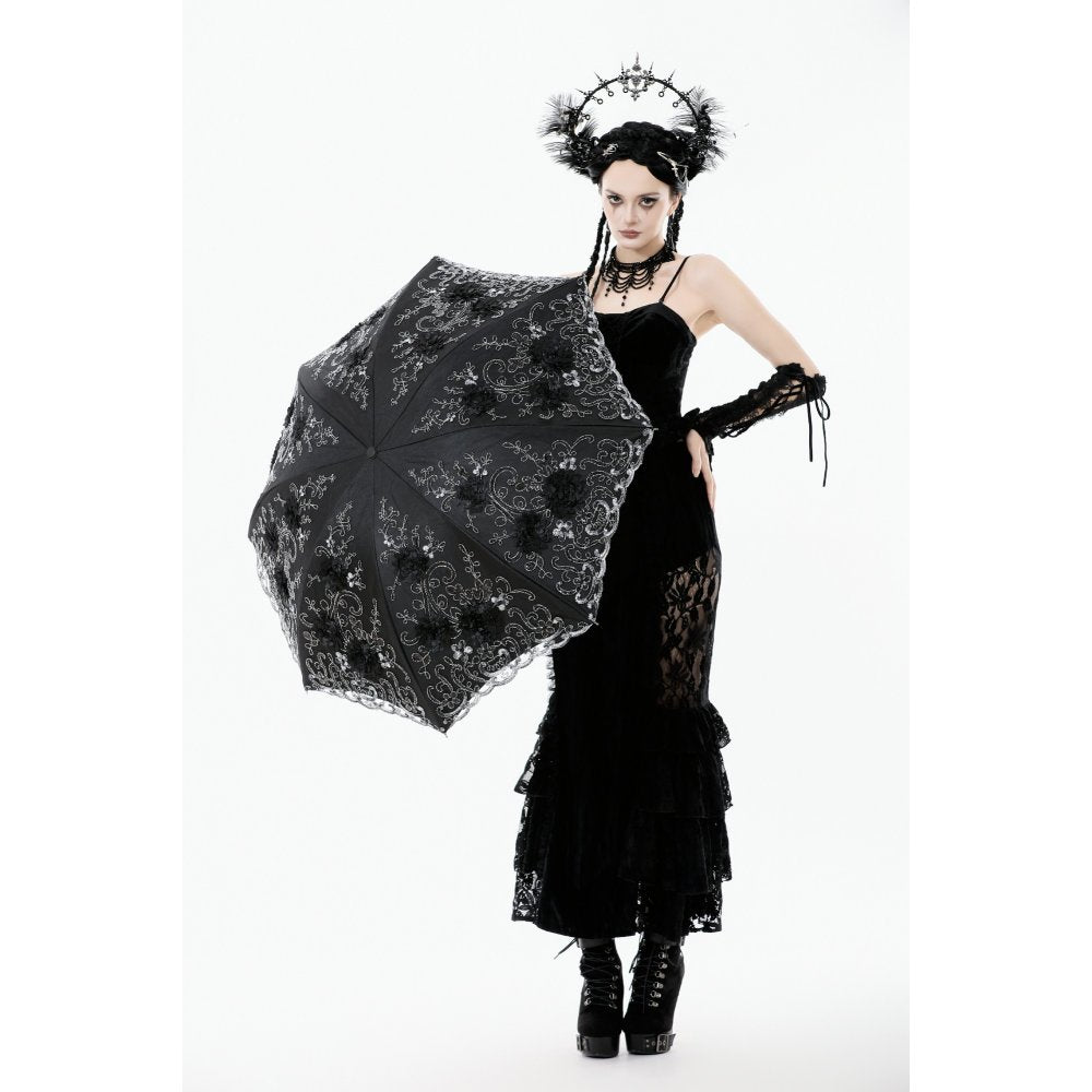 Dark in Love Belladonna Embroidered Folding Parasol in Black
