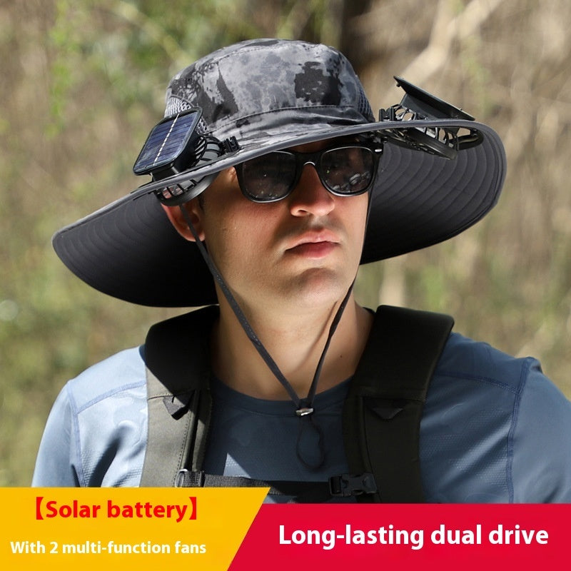 Outdoor Wide-Brim Sun Hat with USB Charging, Solar-Powered Cooling
