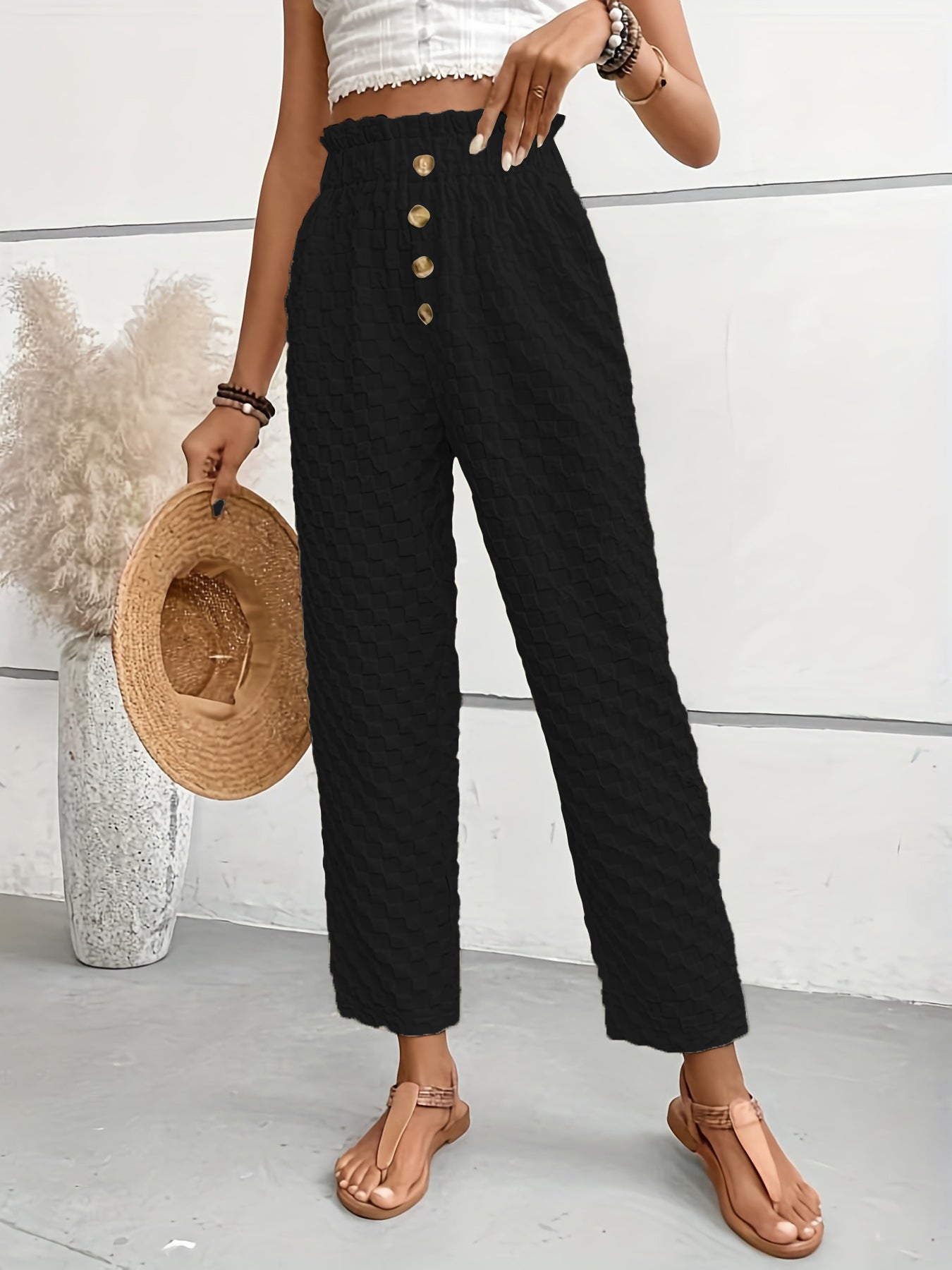 Women's Slim-Fit Buttoned Straight Loose Checker Weave Trousers