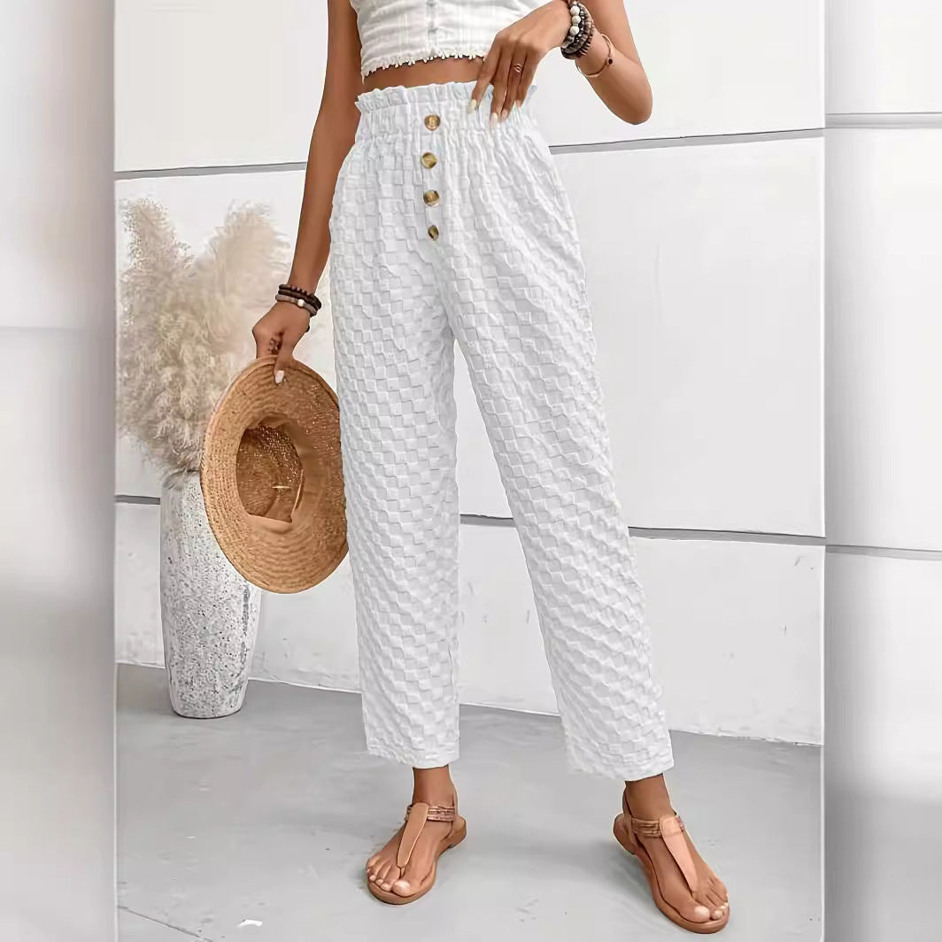 Women's Slim-Fit Buttoned Straight Loose Checker Weave Trousers