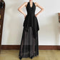 French Style V-Neck Girdle Layered Mesh Black Formal Dress