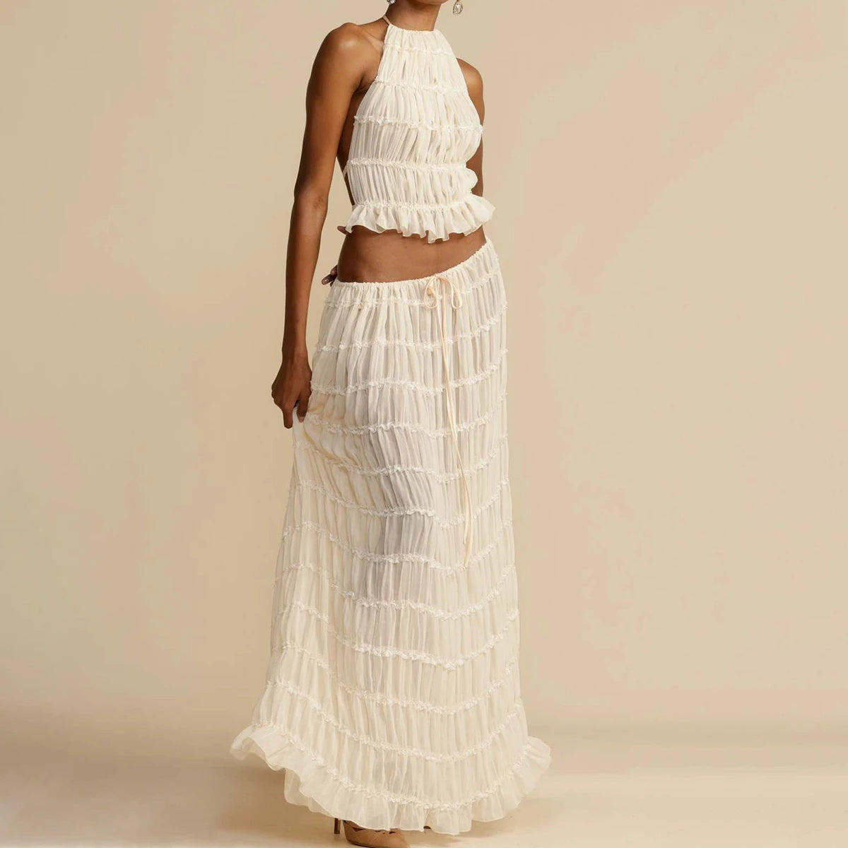 Vireous Two-Piece Ruffled Women's Summer Halter Dress
